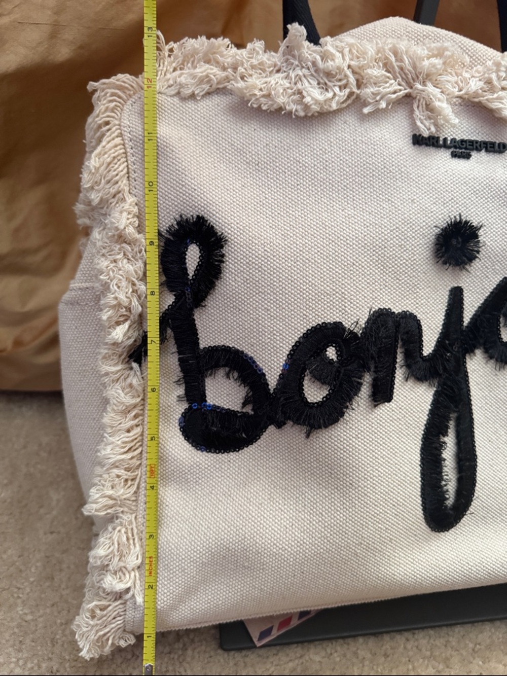 Karl Lagerfeld Canvas 'Bonjour' Fringe Tote in Cream and Black - Picture 9 of 10